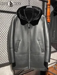Natural Shearling Thick Warm Moto Biker Overcoat Men Real Wool Fur Lining Sheepskin Genuine Leather Jacket Hooded Long Coat 6XL