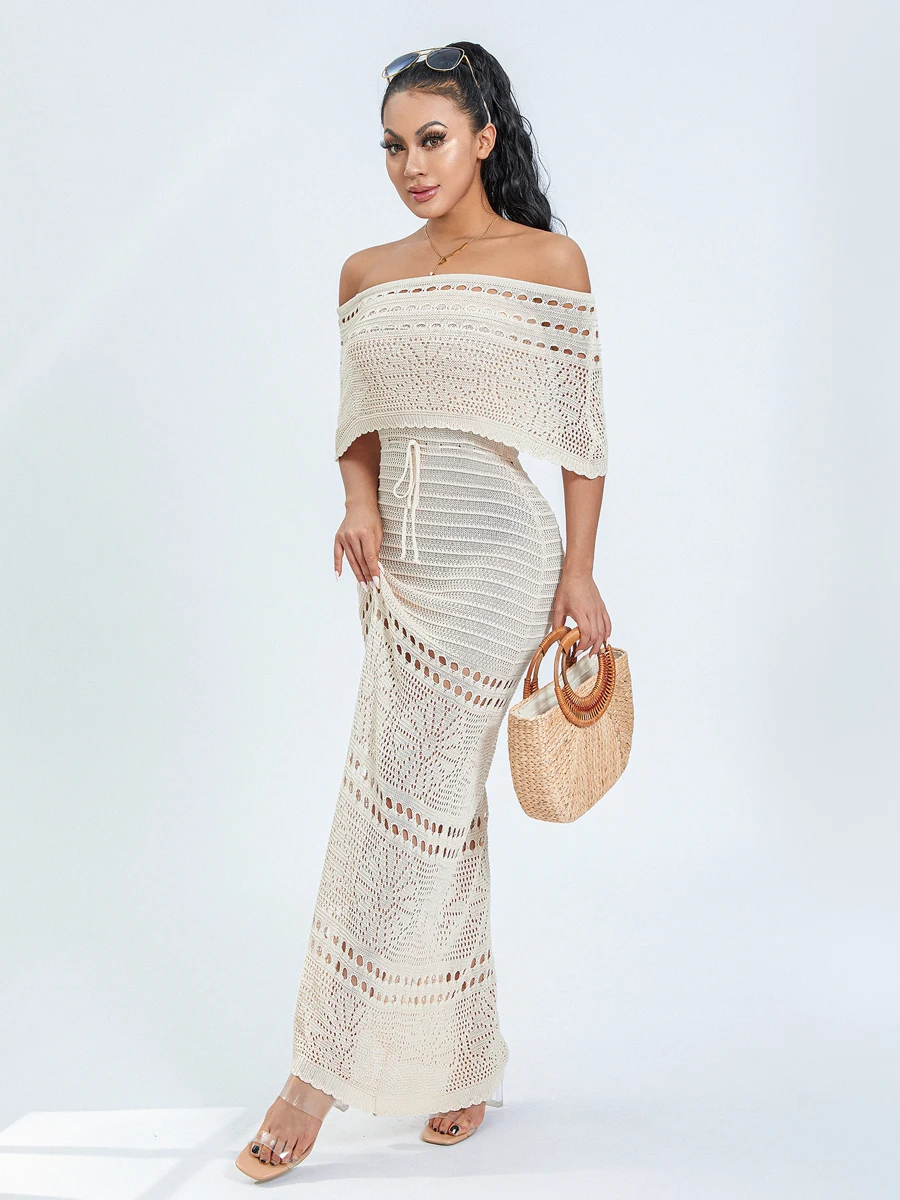 Women Off Shoulder Sleeveless Kintted Maxi Dress Hollow Out Ribbed Knit Bodycon Long Dress Vintage Aesthetic Knit Dress Beach