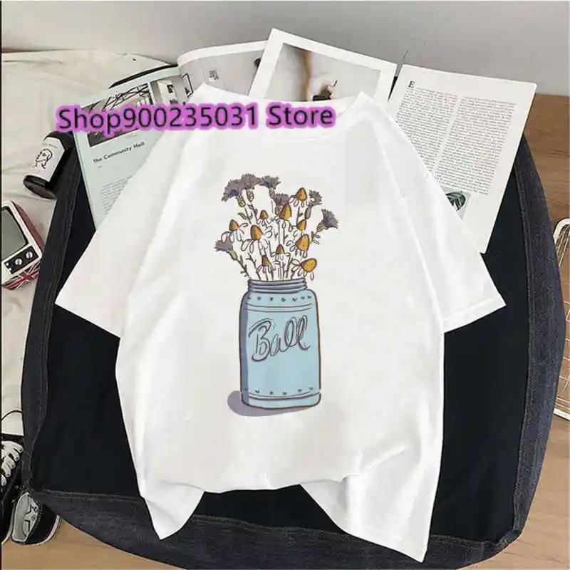 Kawaii Floral T-shirt For Women Aesthetic Plant Short Sleeve Cottagecore Vegan Top Tee Shirt Soft Mushroom Casual T Shirt