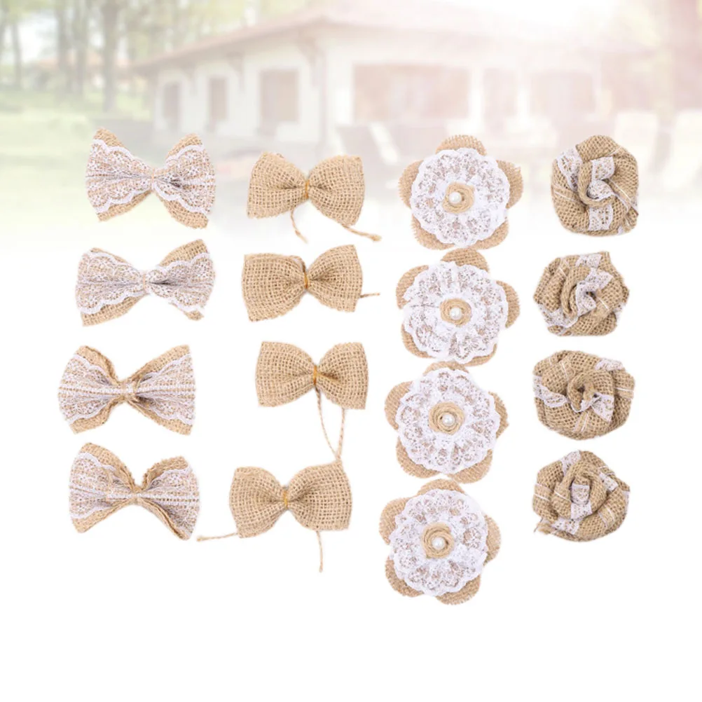 

16 pcs Festival Party Decoration Jute Cloth Flower Bow Rough Texture Diy Craft Accessory Wedding Burlap Flower Decor Home