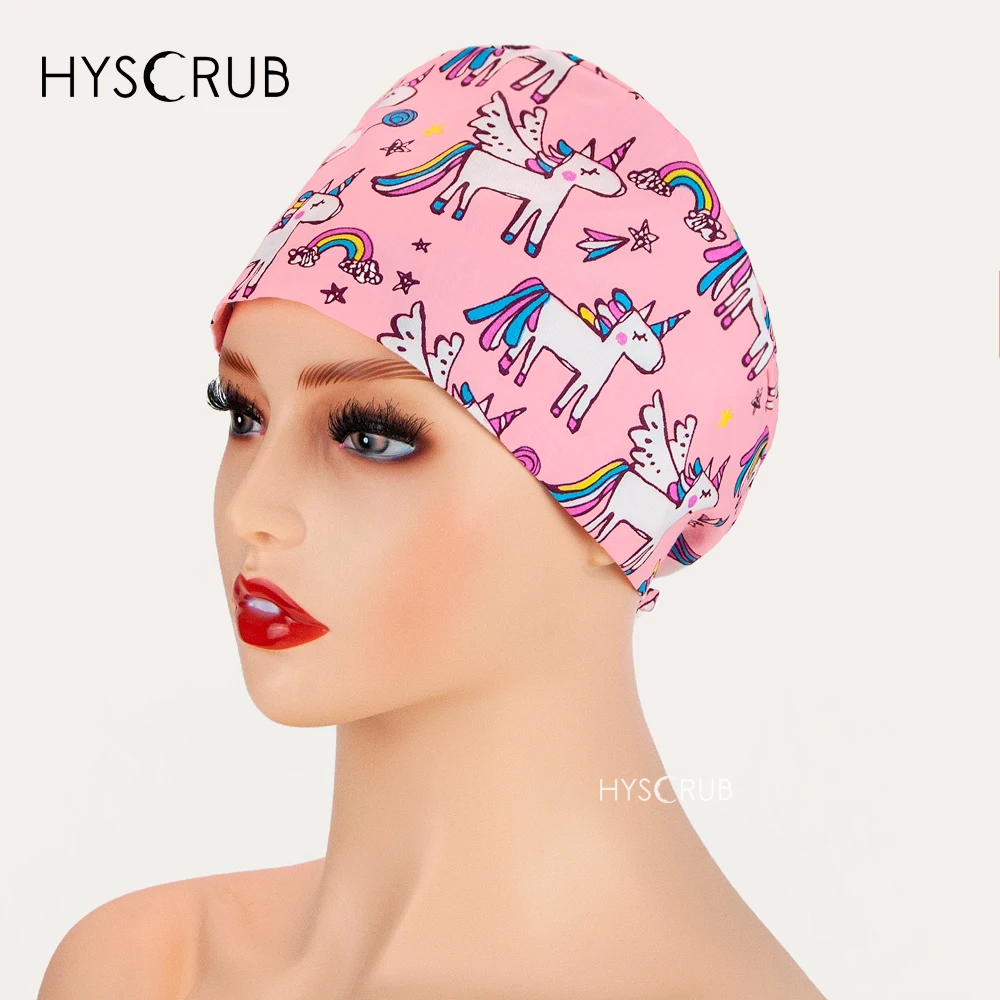 Doctor Nurse Protective Sanitary Cap Work Uniform Hat Pink cute cartoon scrubs caps and masks
