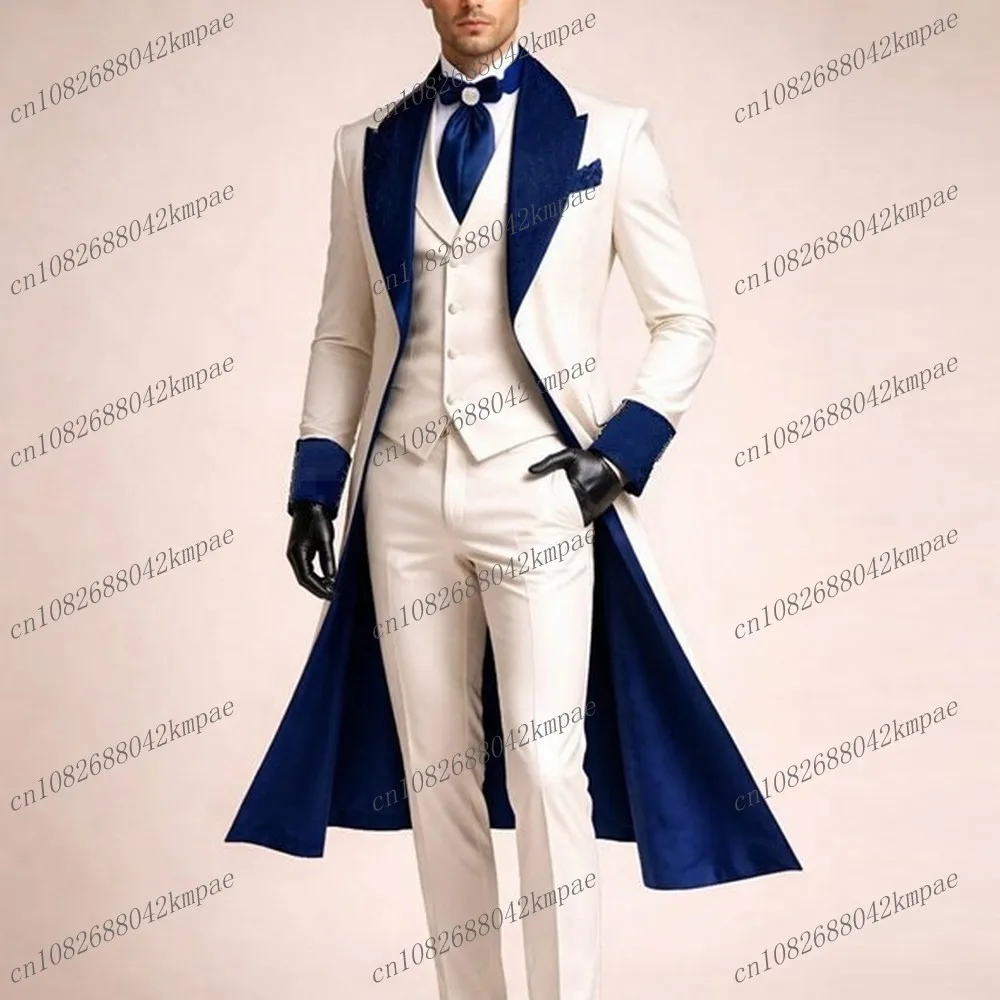 

Бело-синий мужской костюм для свадьбы, торжественных мероприятий, выпускного или деловых встреч, 3-х предметный комплект: пиджак, жилет, брюки.