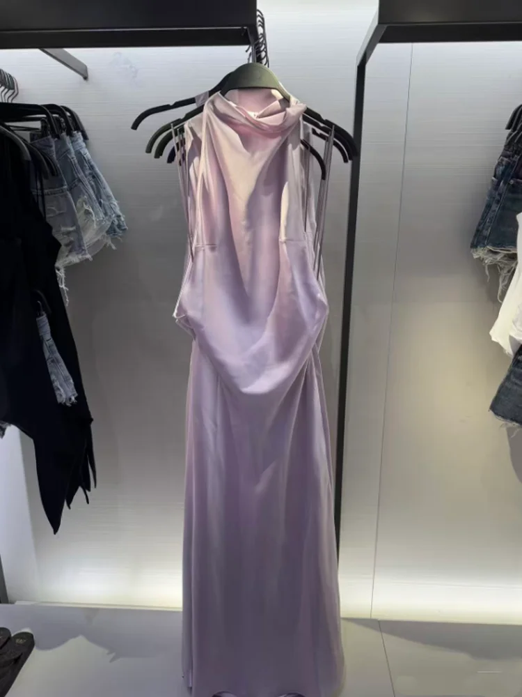 

Elegant Silk Satin Long Sleeveless Dress Women's Spring Summer New Style Hanging Collar Neckline Fashionable Casual H-Line