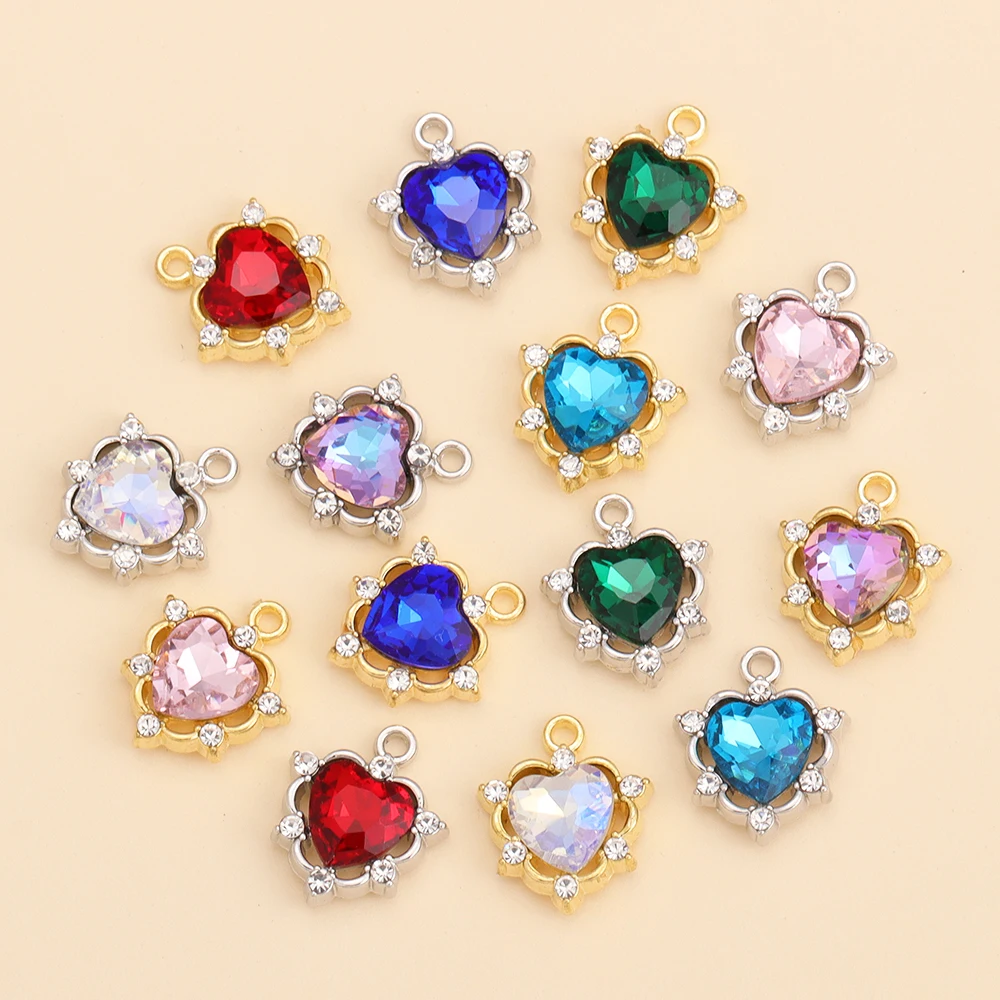 10Pcs Exquisite Colourful Crystal Love Heart Charms Zircon Metal Pendant for Necklace Earrings Jewelry Making DIY Accessories