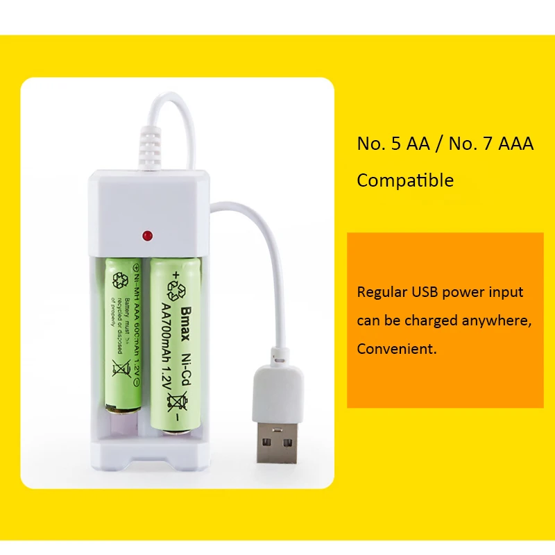 2-Slot Charger USB Power Supply No. 5 and No. 7 AA/AAA Rechargeable Battery Charging Stand Two Rechargeable Battery Charging