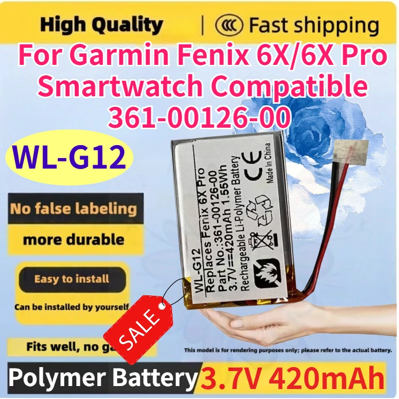 

New WL-G12 3.7V 420mAh Li-Polymer Battery for Garmin Fenix 6X/6X Pro Smartwatch Compatible 361-00126-00 Rechargeable Batteries