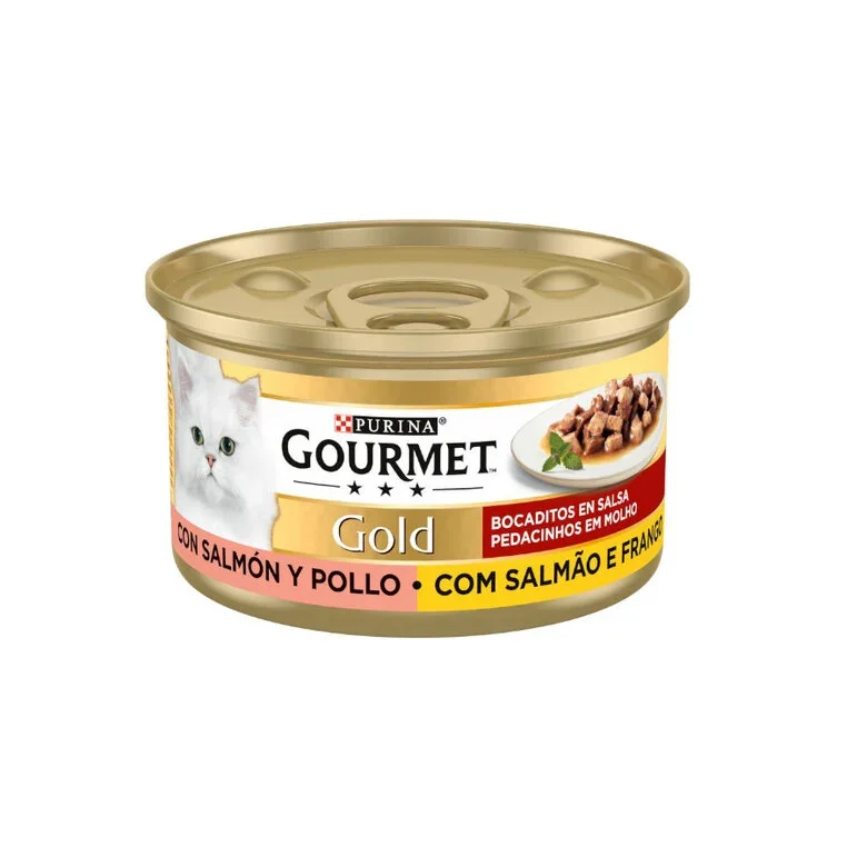 Gourmet Gold Bocaditos de Salmón y Pollo en Salsa. Pack 24 latas - Comida húmeda para gatos sabor salmón y pollo
