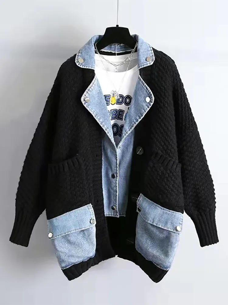 Cardigan Sweater Women Thick Fake Denim Coat Female Turn-Down Collar Outerwear Lady Patchwork Pockets Knitwear pull femme luxe