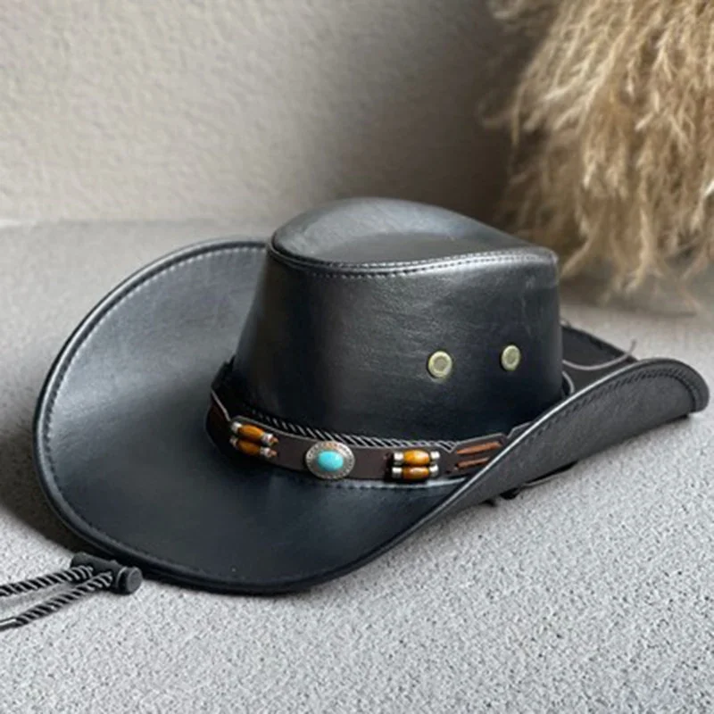 Faux Leather Western Cowboy Hats For Women Men Vintage Gentleman Dress Hats Panama Cowgirl Jazz Cap Sombrero Hombre image 4