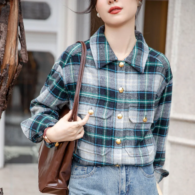 BOWEYLUN جديد خمر المطحونة الأزرق منقوشة قميص طويل الأكمام المرأة الربيع والخريف فضفاض مكدسة بلوزة بلايز الإناث