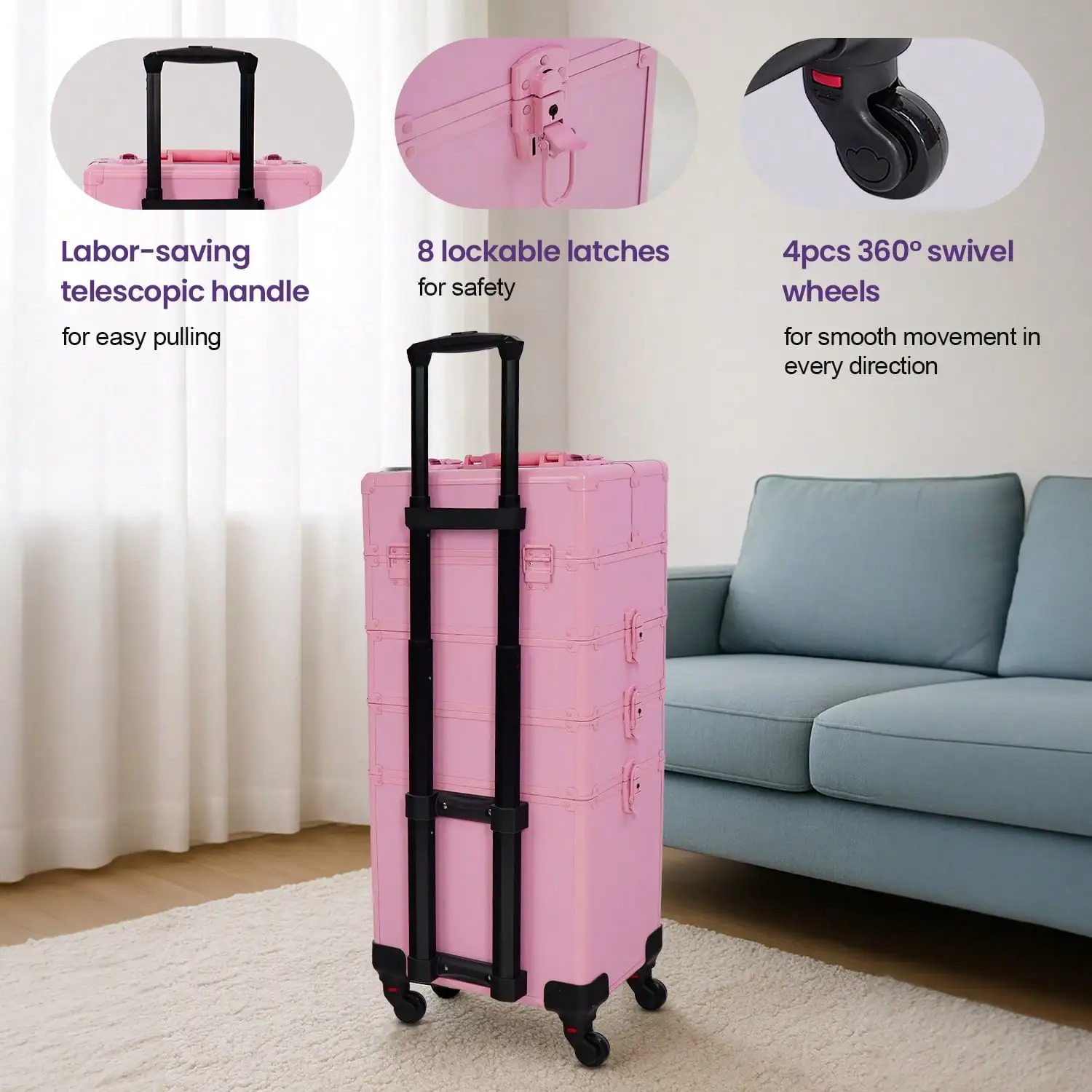 Rolling Makeup Train Case 4 in 1 Cosmetology Case on Wheels, Large Cosmetic Organizer with Lid & Lock, Professional Travel Makeup Trolley for Salon Barber, Pink view 7