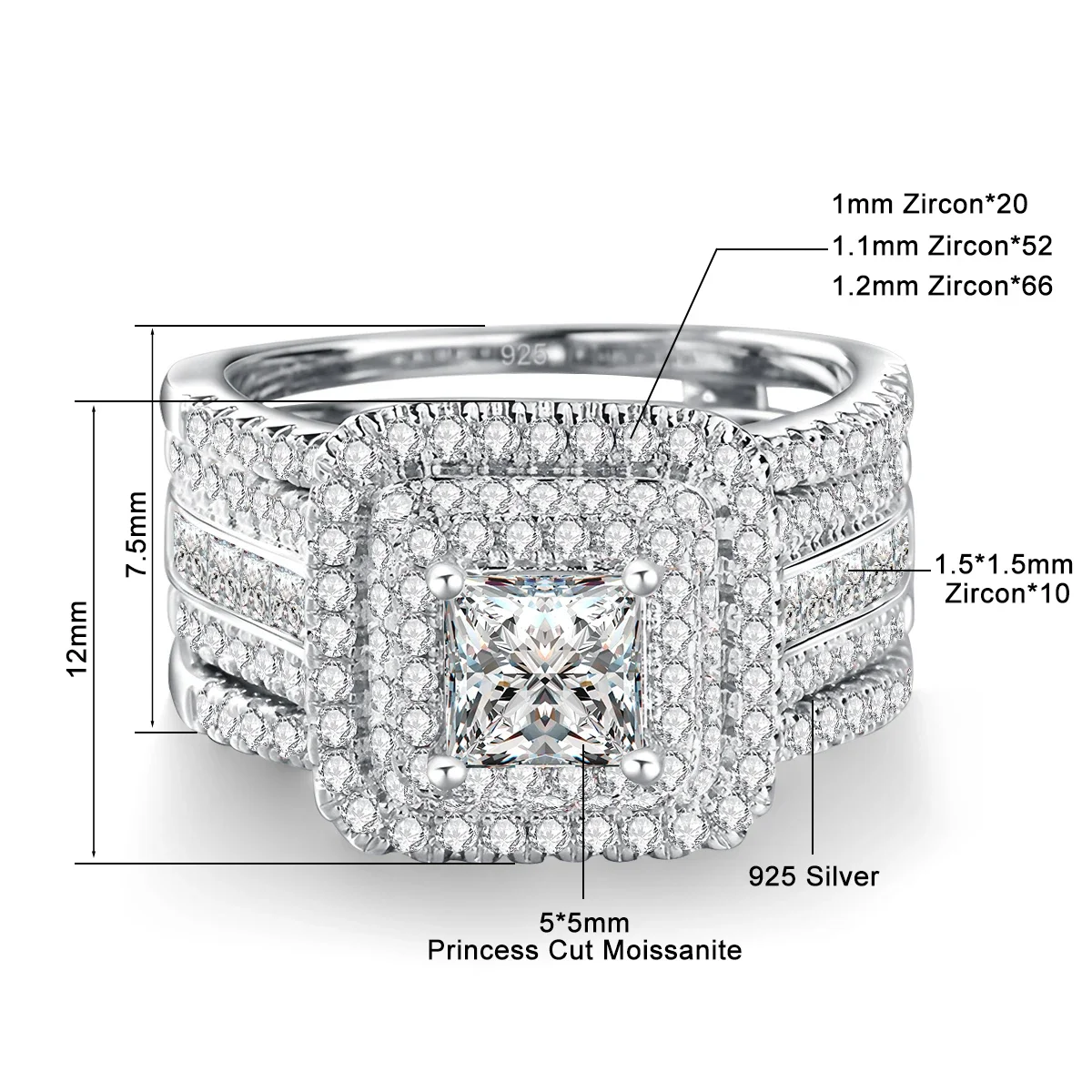 2-teiliges Moissanit-Ring-Set mit Zertifikat für Hochzeiten, 100% Silber 925, Luxusmarken-Designer-Verlobungsschmuck für Frauen, Großhandel – Detail 1