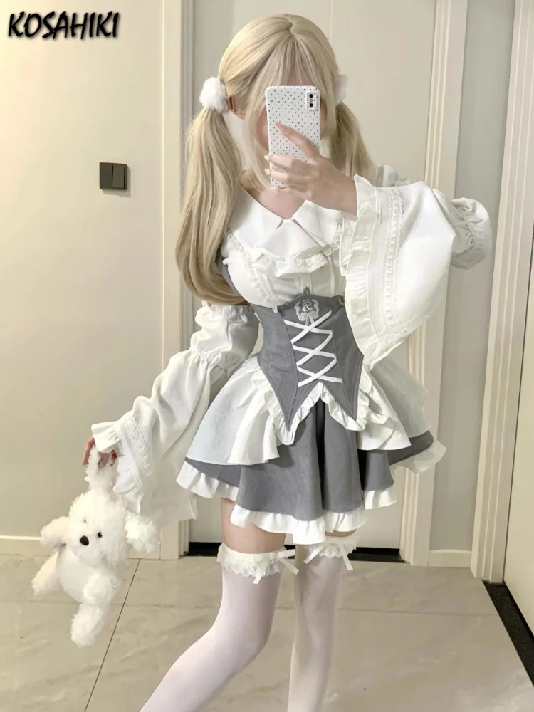 

Lolita 3 Piece Sets Women Peter Pan Collar Sweet Blouses Contrast Color Ruffle Mini Skirts Y2k Aesthetic Grunge Outfits Suit