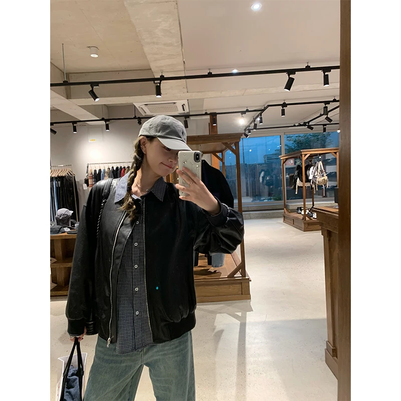 

Кожаная куртка-бомбер Seoul Forest Le Retro American Baseball на молнии, женская, модная, осенняя коллекция, без бренда