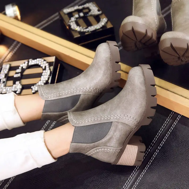 REAVE CAT New Gray Women's Ankle Boots Round Toe 6.5cm Block Heel Slip On Leisure Daily Handmade Short Botas Large Size 41 42 43