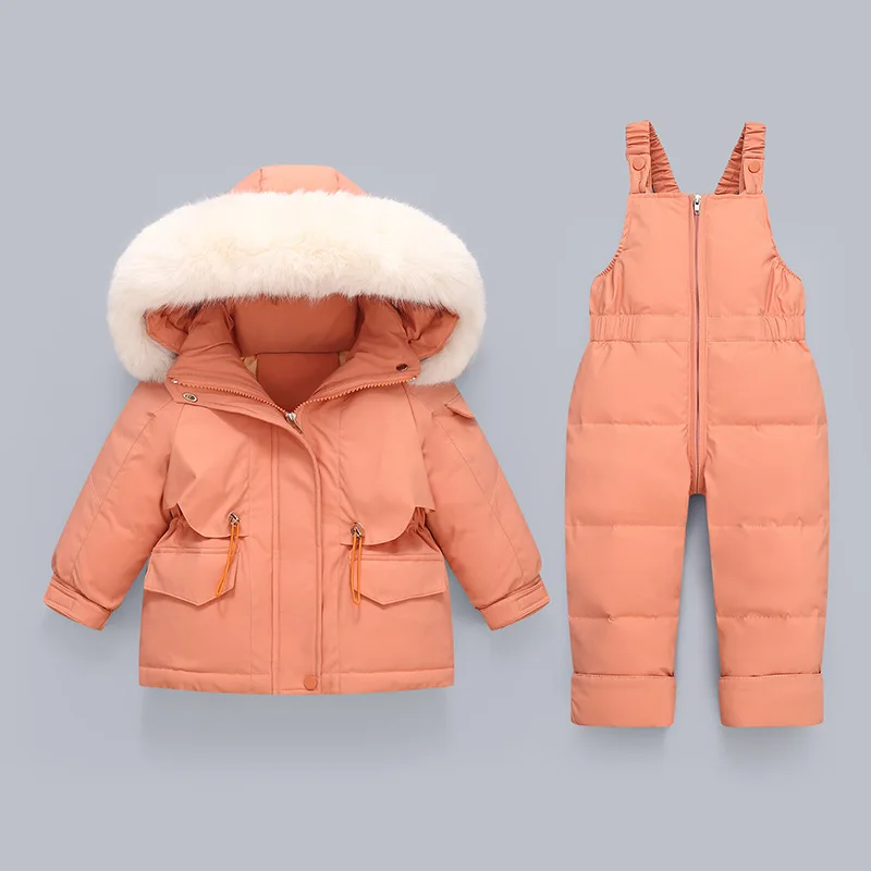 Children\'s Down Jacket Suit for Toddler Girls Boys 2023 New Baby Two Piece Fur Collar Strap Pants Kids Winter Jacket 6 Color