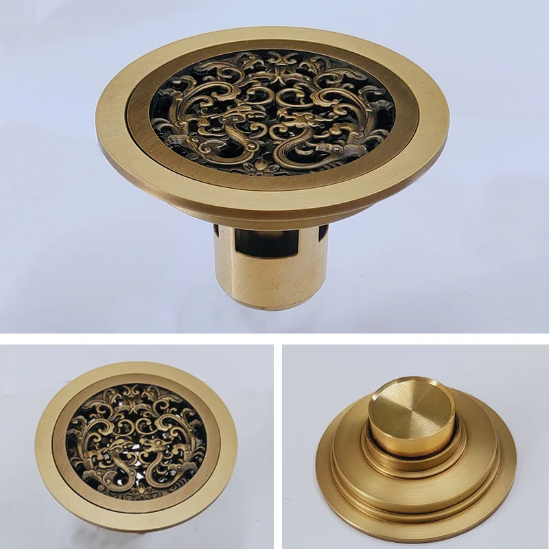 Copper Antique Round Deodorant Floor Drain Bathroom Balcony Shower Room Dry and Wet Sewer Pipe Deep Water 10cm Floor Drain
