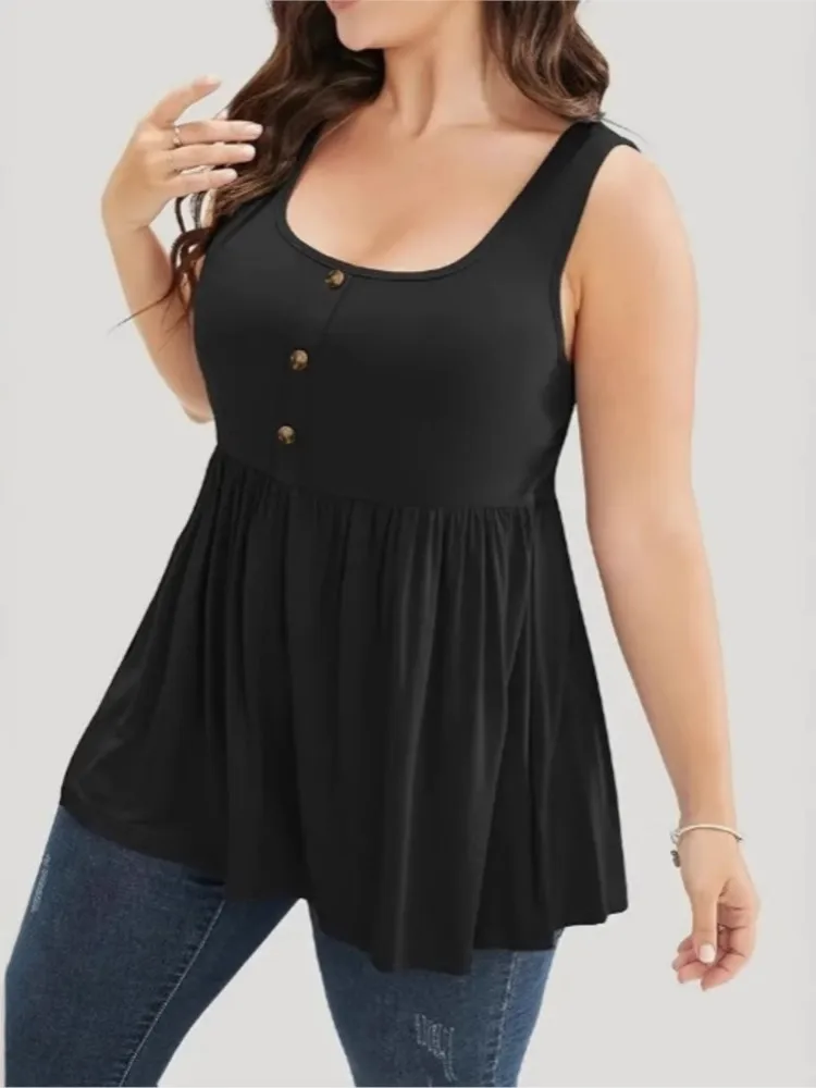 

Summer New Women's Fashion Solid Color Pleated Sexy Sleeveless U-neck Casual T-shirt Mid Length Button Top