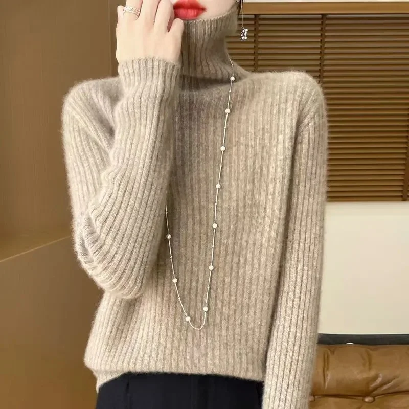 

Женский свитер, новый модный осенне-зимний пуловер из мериносовой шерсти, однотонный базовый термотоп с длинными рукавами, свитер из 100% шерсти