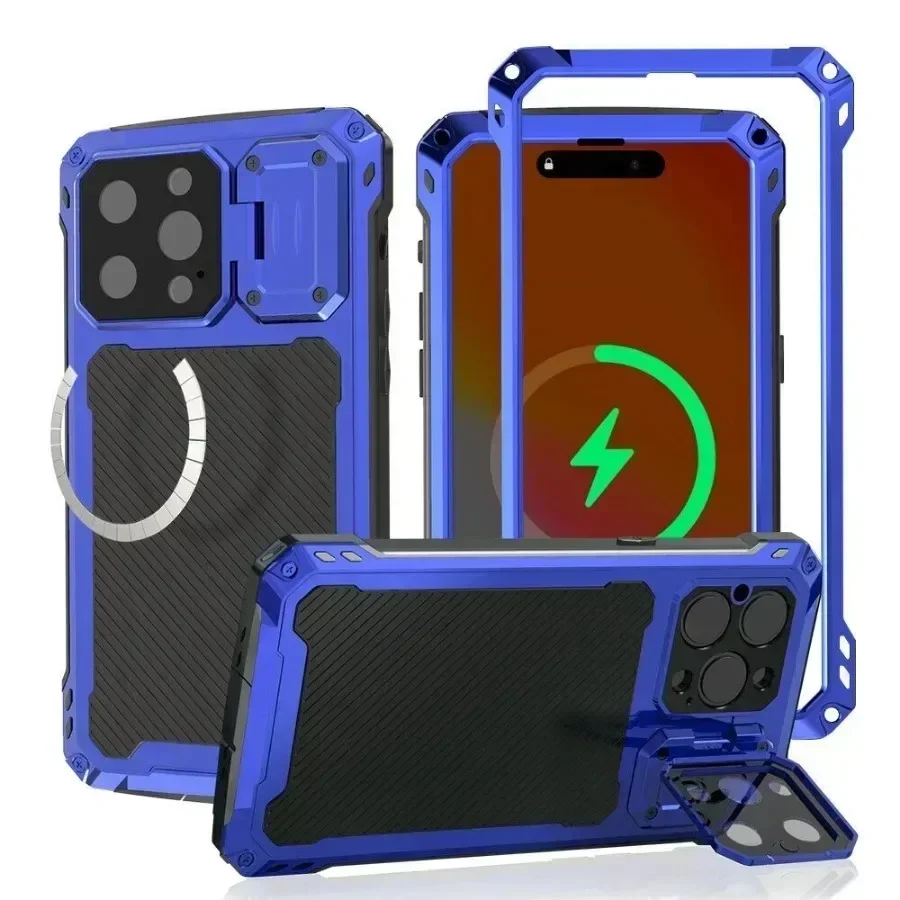 

For iPhone 16 15 Plus 14 Pro Max IP54 Waterproof Shockproof Aluminum Metal Armor Phone Case Heavy Duty Magnetic Cover Lens Stand