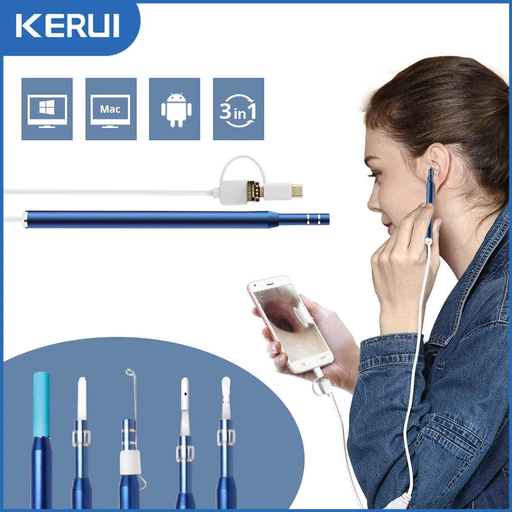 KERUI Ear Camera Ear Pick 3 in 1 USB OTG Visual Ear Cleaning Endoscope Spoon Functional Diagnostic Tool Ear Cleaner Android