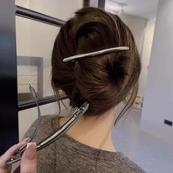 קליפס לשיער מתכתי בצבע זהב עם רצועה ארוכה, קליפס חלקה אוטומטית לקליפס זנב סוס לנשים