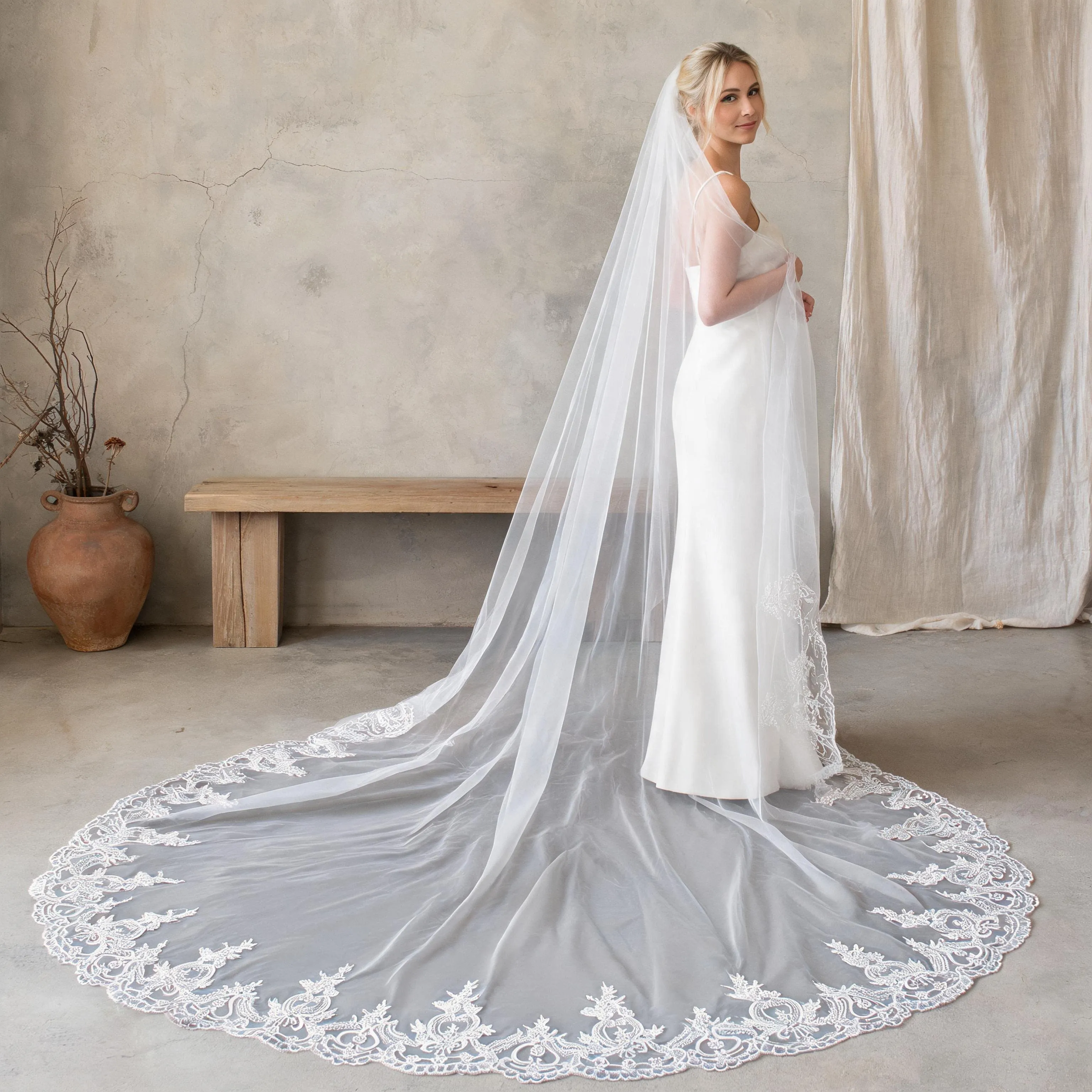 Cathedral Long Trailing Wedding Veil with Embroidered Lace Luxurious Romantic Bridal Veil for Bride Church Ceremony G73