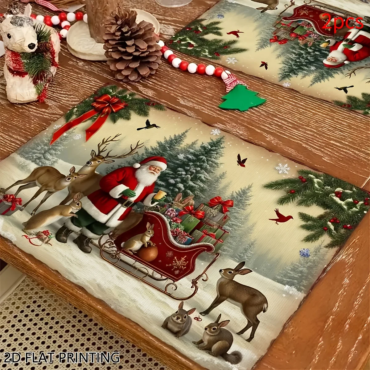 VIKAMA Christmas Placemats Vintage Forest Deer Linen Table Mats Heat‑Resistant Washable for Holiday Kitchen Dining Home Decor
