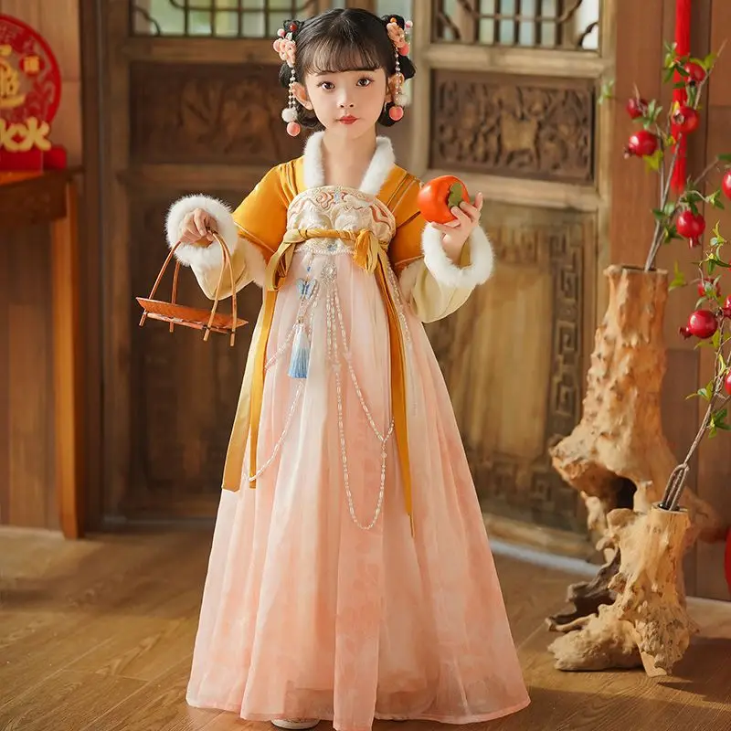 

2026 Новогодняя одежда Hanfu для девочек, детская одежда 2026, новая утолщенная одежда Тан в древнем китайском стиле, зимний комплект Hanfu LI804