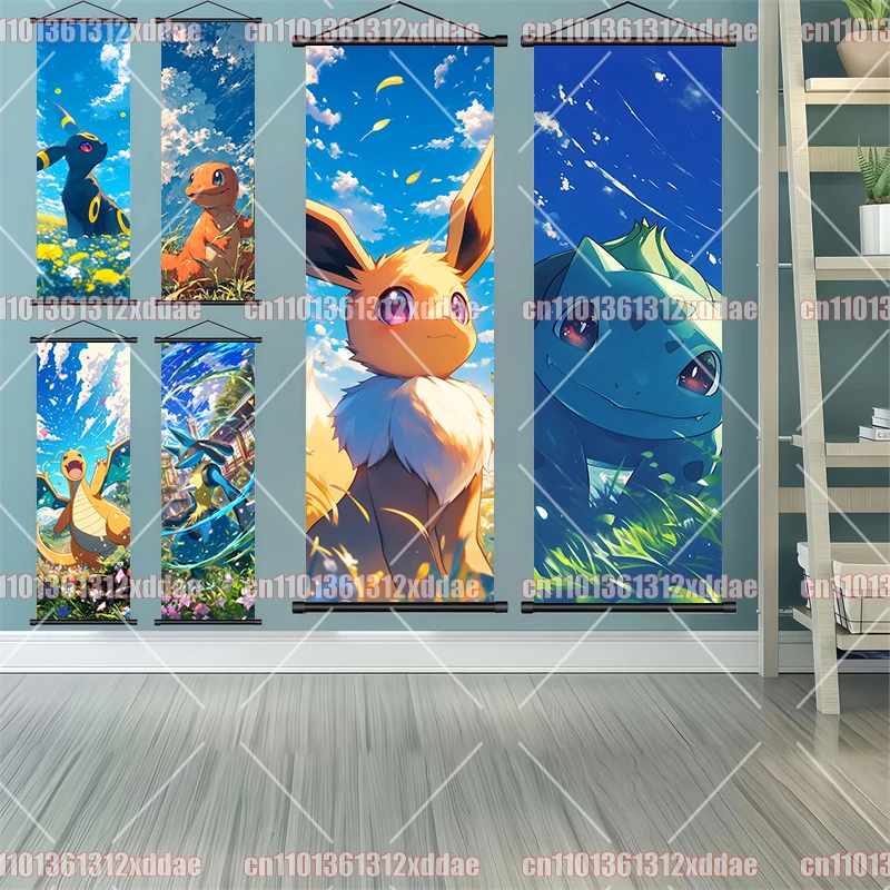 HD Pokémon Anime Scroll Painting Arcanine Charmander Eevee Dragonite Pikachu Poster Hanging Picture Children's Birthday Gift