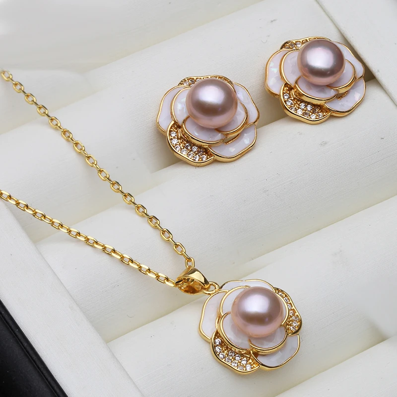 Hochzeits-Set mit Weißen Natürlichen Süßwasserperlen: Halskette und Ohrringe, Echtes 925 Silber Perlen-Ohrstecker-Set für Ehefrau, Mutter, Jahrestag, Rosa – Detail 3
