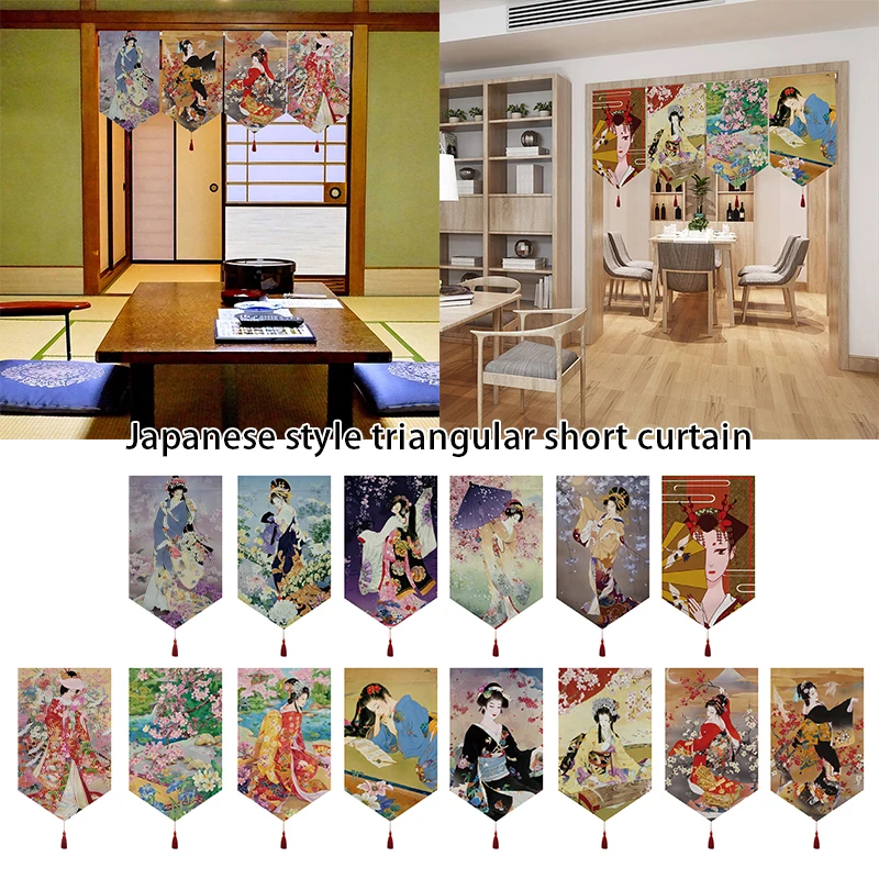 

Ukiyoe Style Japanese Noren Kimono Geisha Pattern Short Curtain Kitchen Partition Pennant Restaurant Izakaya Decor Triangle Flag