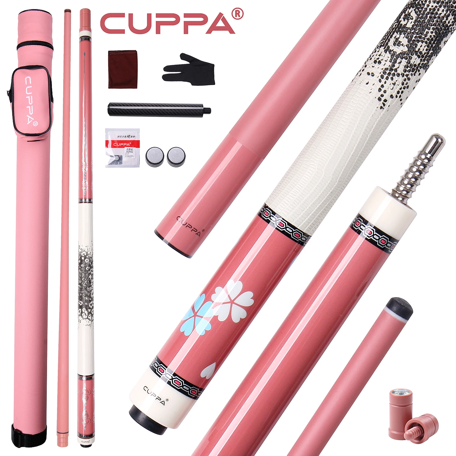 

CUPPA Pink Carbon Fiber Pool Cue Set with Low-deflection Shaft Leather Grip Radial Joint 12.5mm Tip for women