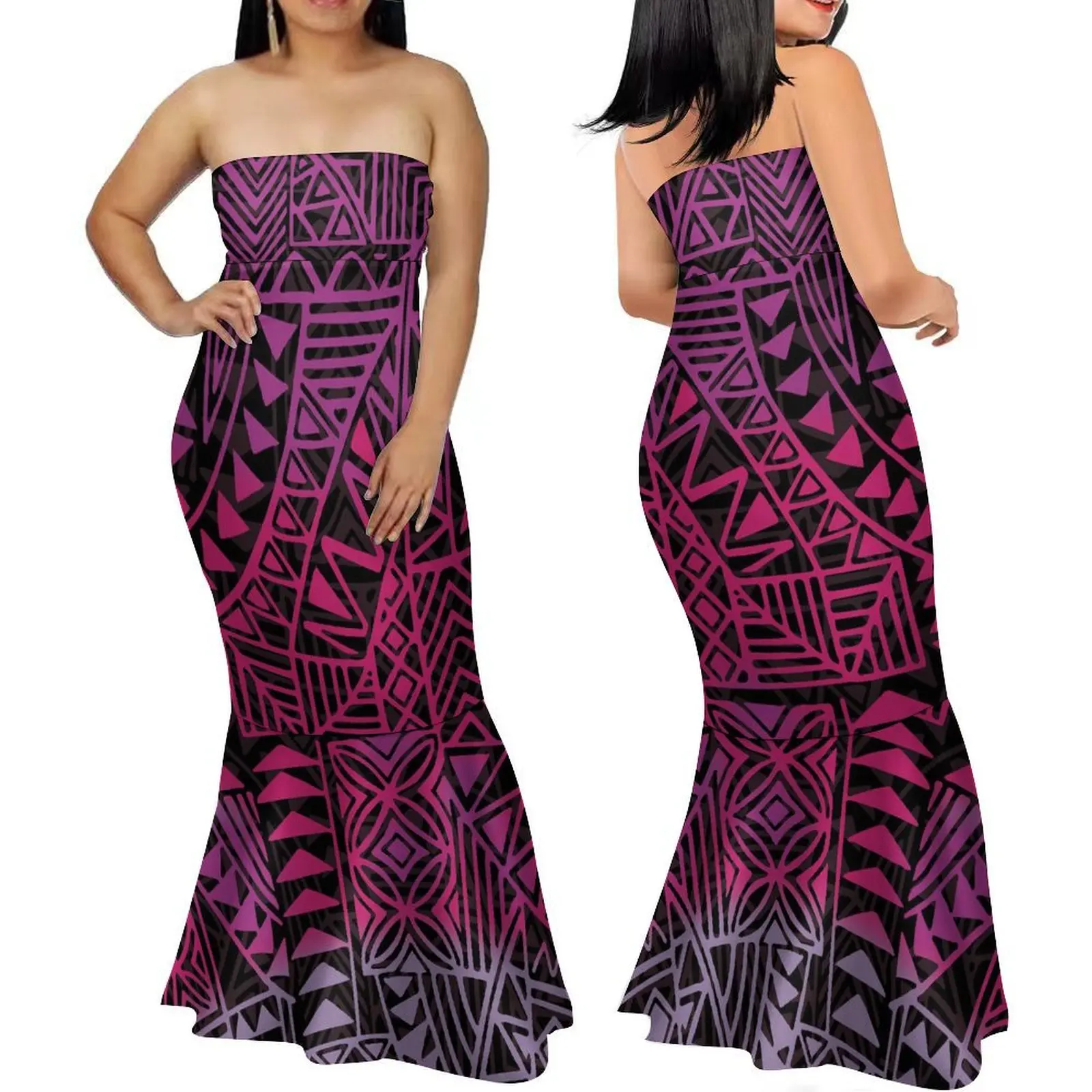 High Quality Fashion Women Slim Strapless Dress Polynesian Tribal Design Graduation Dinner Sexy Evening Gown Floor-Length Dress