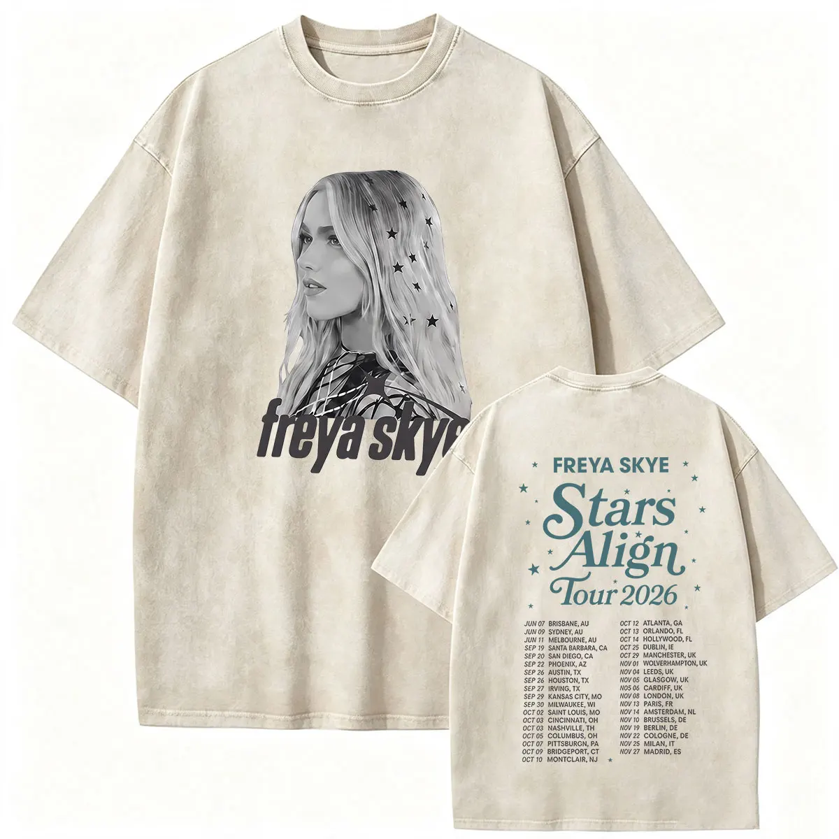 Freya Skye Stars Align Tour 2026 Vintage Washed T Shirt Men Women's Fashion Oversized Cotton T-shirt Aesthetic Clothing T-shirts