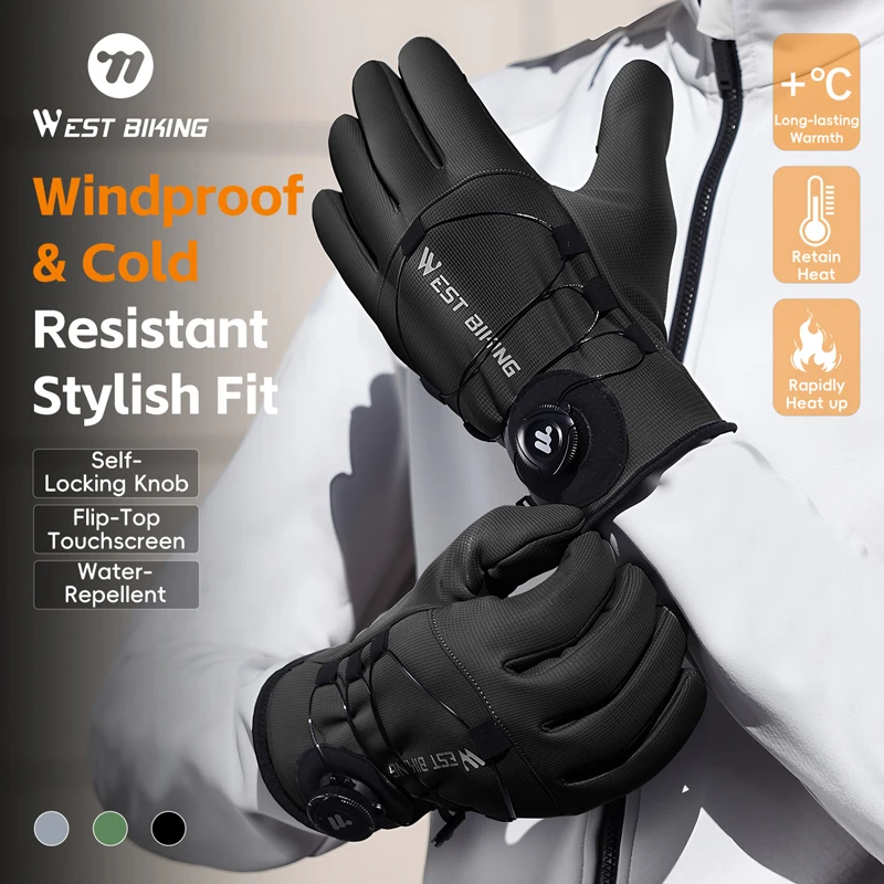 WEST BIKING Winter Self-Locking Bicycle Gloves Thermal Warm Full Finger Cycling Gloves Sports Touchscreen Twist Locking Gloves