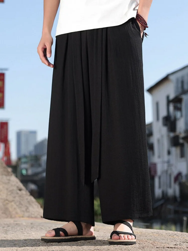 Ice Silk Wide Leg Pants Men Summer Thin Cool Feeling Linen Casual Pants Big Size Men's Clothing Dra Cotton Linen Trousers