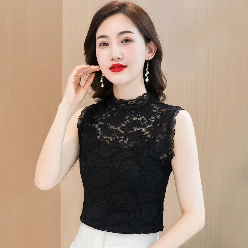 Elegant Half High Collar Floral Tank Tops Elastic L-3XL Lace Shirt Black White Rose Camisole Women Girls