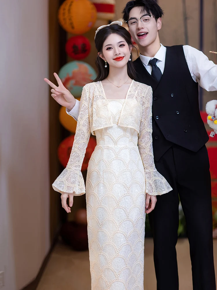 

Champagne Color Wedding Dr Long Sve Chinese Sle Qipao Engagement Ceremony Dr Set Women's Formal Wear Par Gown