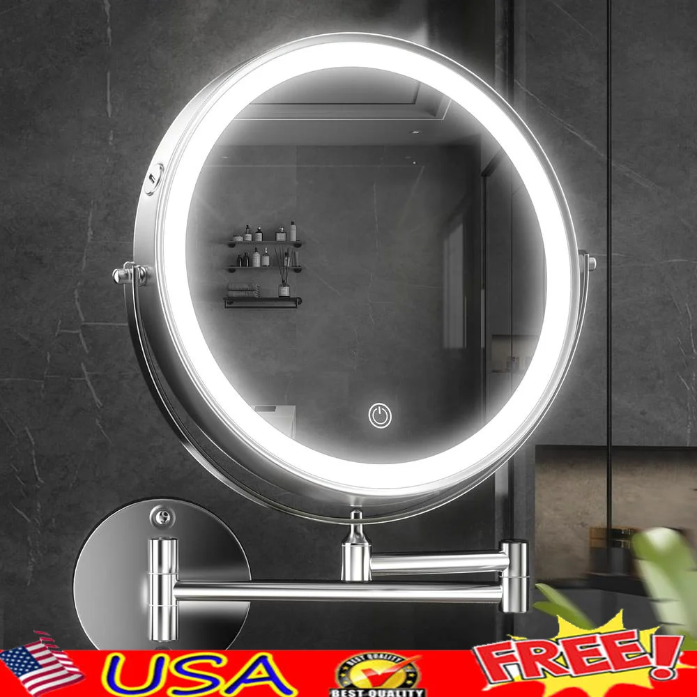 

10-дюймовое настенное зеркало для макияжа, перезаряжаемое зеркало со светодиодной подсветкой, 3000 мАч, с 1-кратным 7-кратным увеличением, регулируемым освещением на 360 градусов