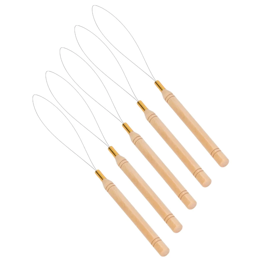 10Pcs Anti-Slip Handle Hair Extension Loop Needle Beech Wood Handle Wire Loop Design Pulling Hook Tool Micro Ring Threader