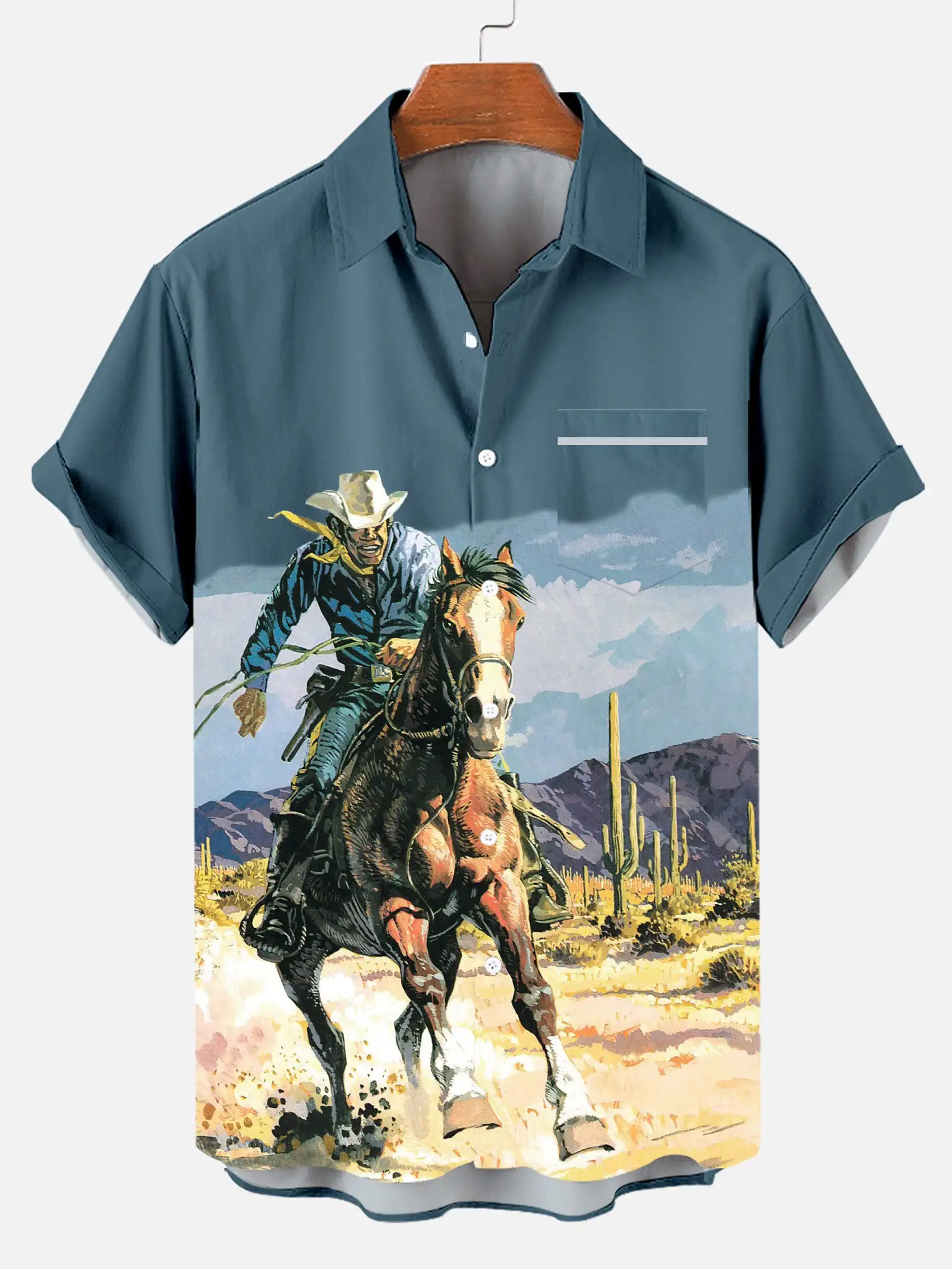 2024 Men\'s Casual Retro Equestrian Cowboy Poster shirts 3D Print Turndown Collar Shirt Short Sleeve Shirt Summer Shirts For Boys