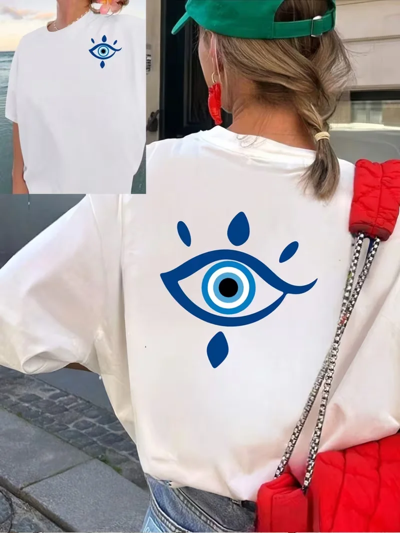 Evil Eye Print T-shirt,Lady's T-shirt Short Sleeve Crew Neck Casual Top for Summer Spring, Women's Clothing Fashion Streetwear