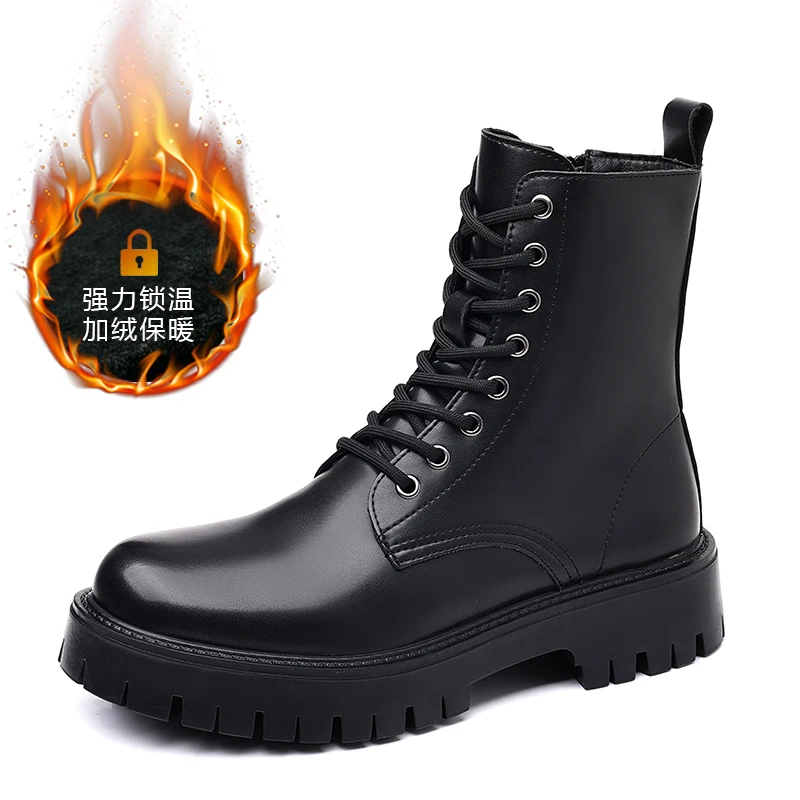 Men Black Lace‑Up Ankle Work Boots Fleece‑Lined Warm Chunky Lug Sole Anti‑Slip Wear‑Resistant Outdoor Winter Daily High‑Top