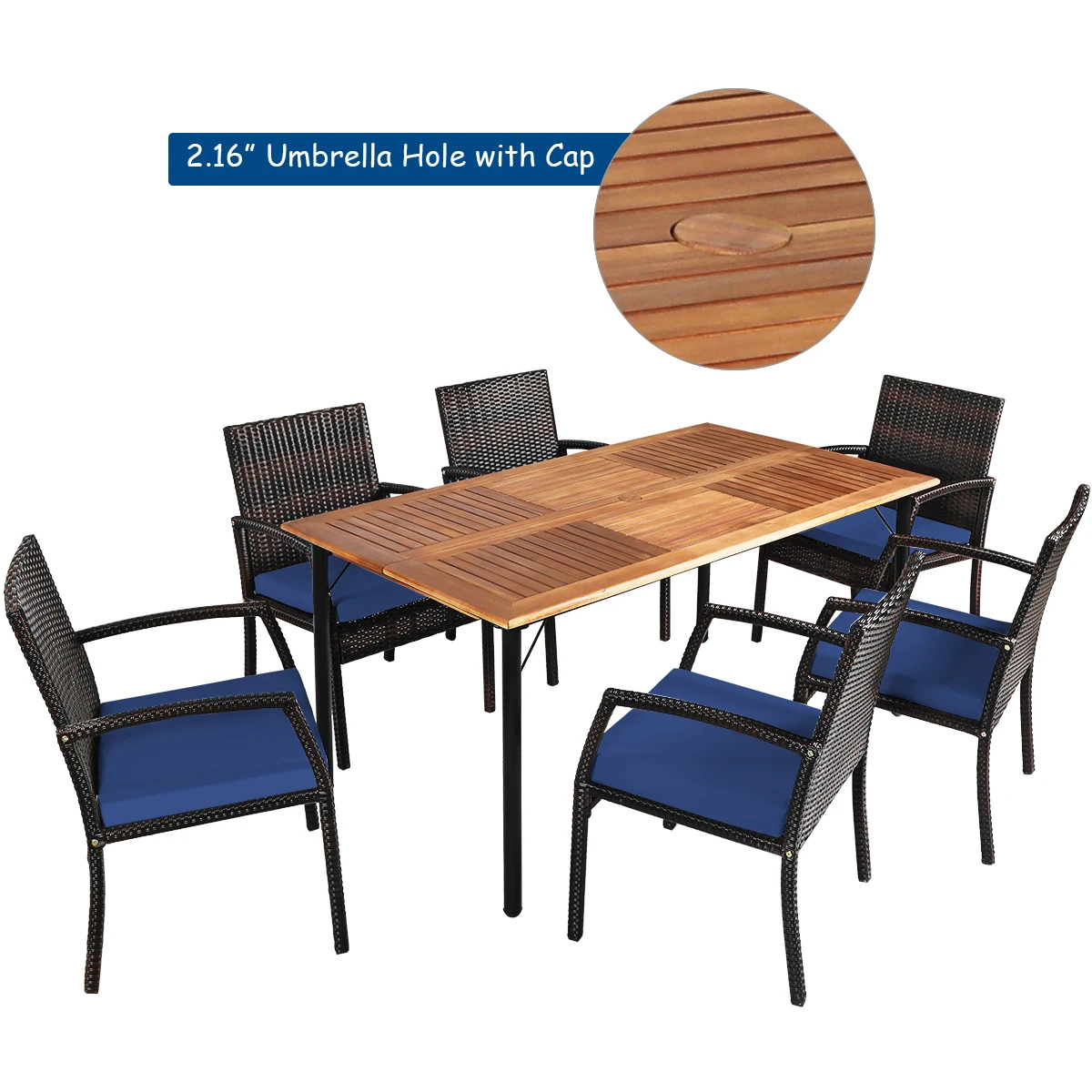 7PCS Patio Rattan Dining Chair Table Set W/ Cushion Umbrella Hole Navy