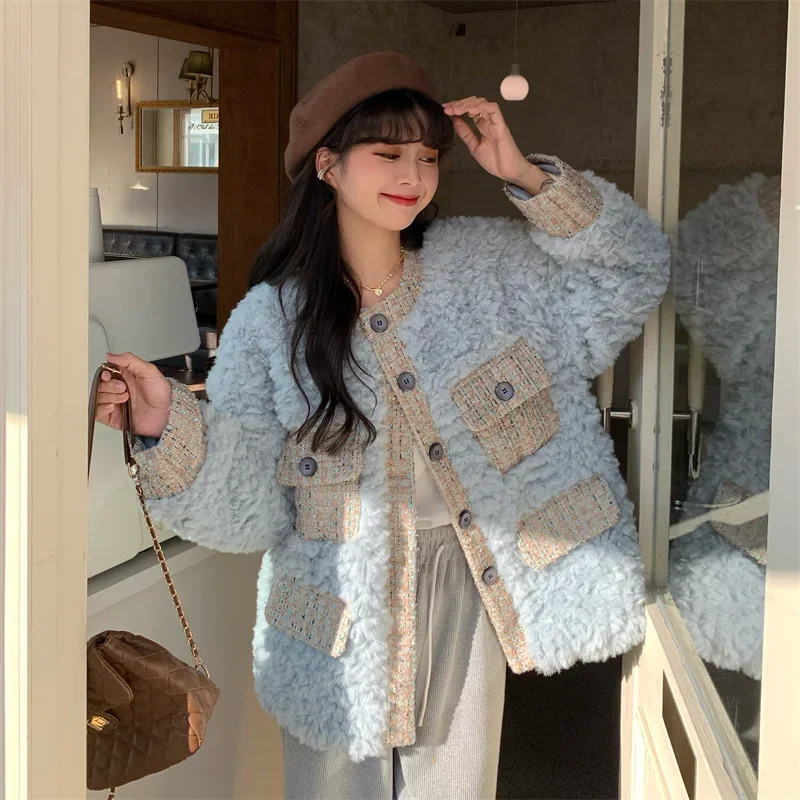 

Korean Fashion Plush Super Warm Coat Women Elegant Round Neck Long Sleeve Lamb Fur Coat Fall Winter Vintage Patchwork Outwear