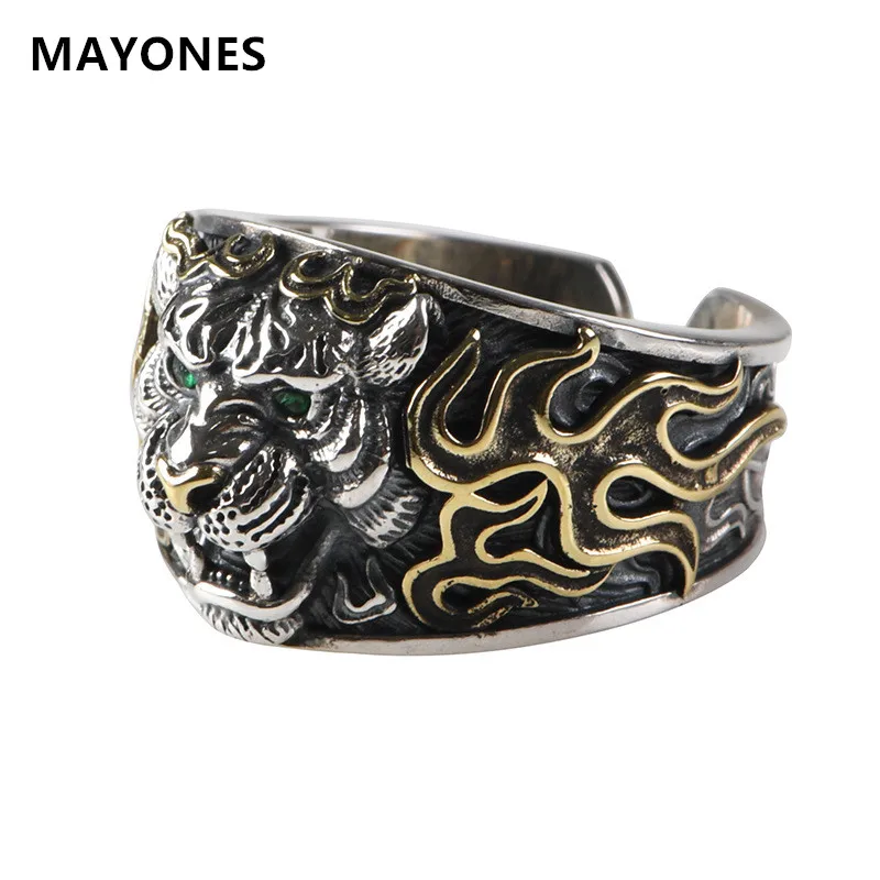 

MAYONES Really S925 Silver Retro Worn Out Dominant Ring Red Flame Silver Tiger Men's Personalized Food Ring Jewelry