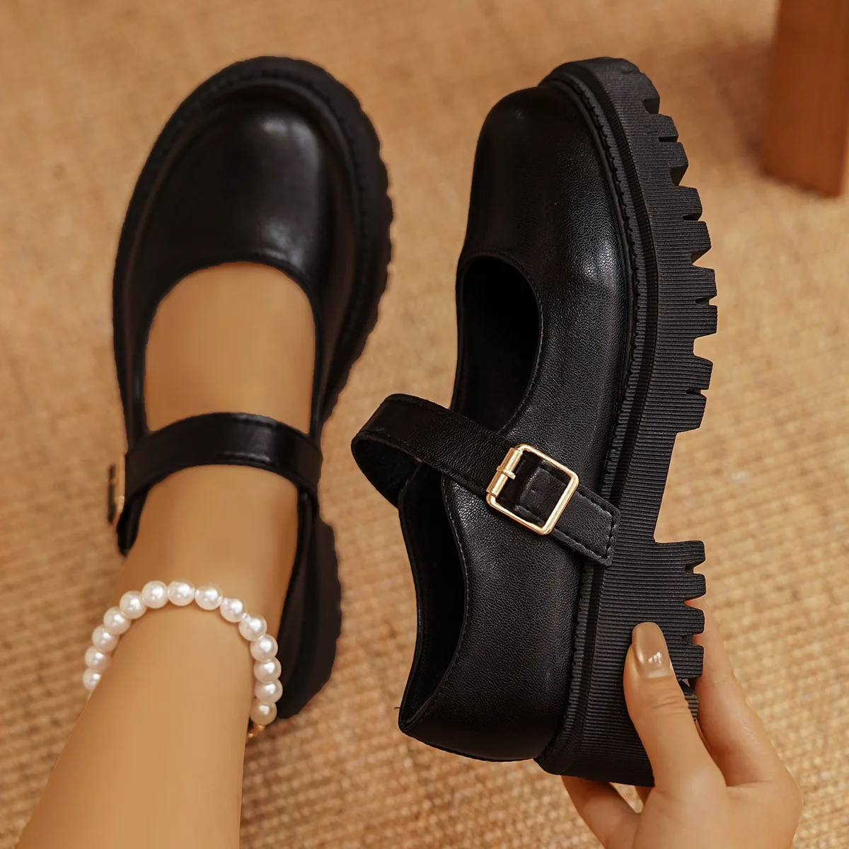 

Women's Black Platform High Heels with Ankle Straps—Japanese-Style Patent Leather Mary Janes/Punk-Style Chunky-Heel Lolita Shoes