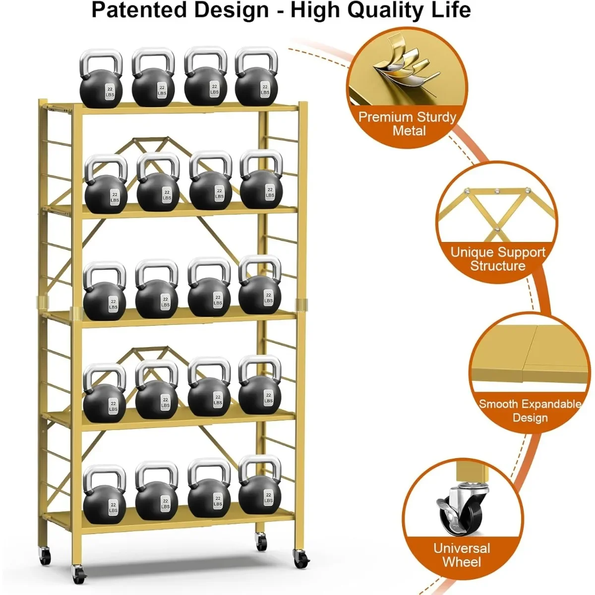 調節可能な5段折りたたみ式棚 ゴールド、省スペースガレージ用キャスター付きコンバーチブル収納ラック