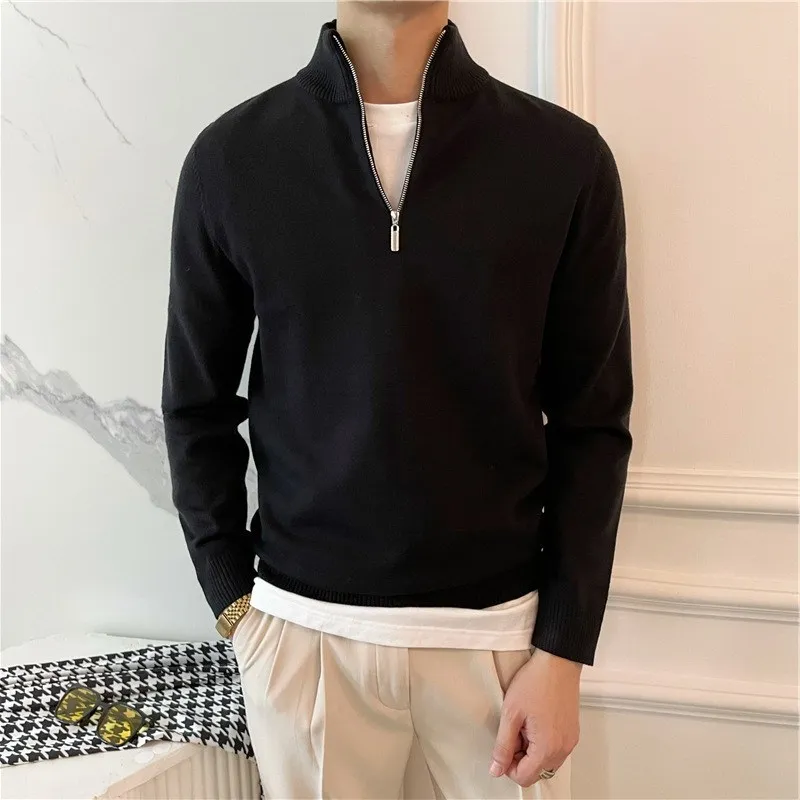 

Fabric Men's Half-high Neck Pullover Zipper Sweater Clean Color Autumn Winter British Gentleman Long-sleeved Knitted Sweater